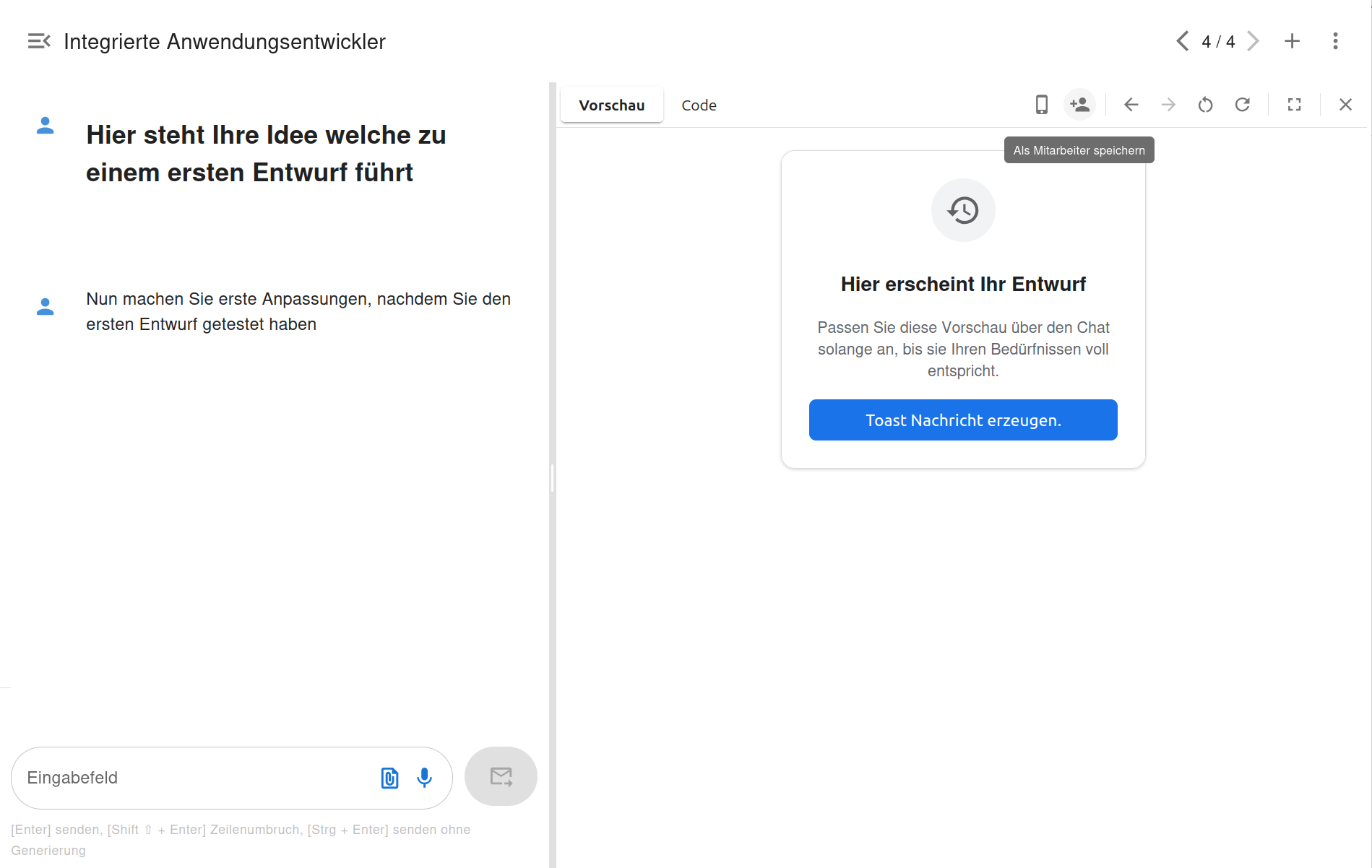Das Interface mit UI-Vorschau, Code-Ansicht und Mobile-Button
